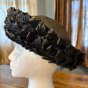 VTG 50s MCM Black Cello Straw Glazed Raffia Women Bumper Pillbox Hat UNIONMADE